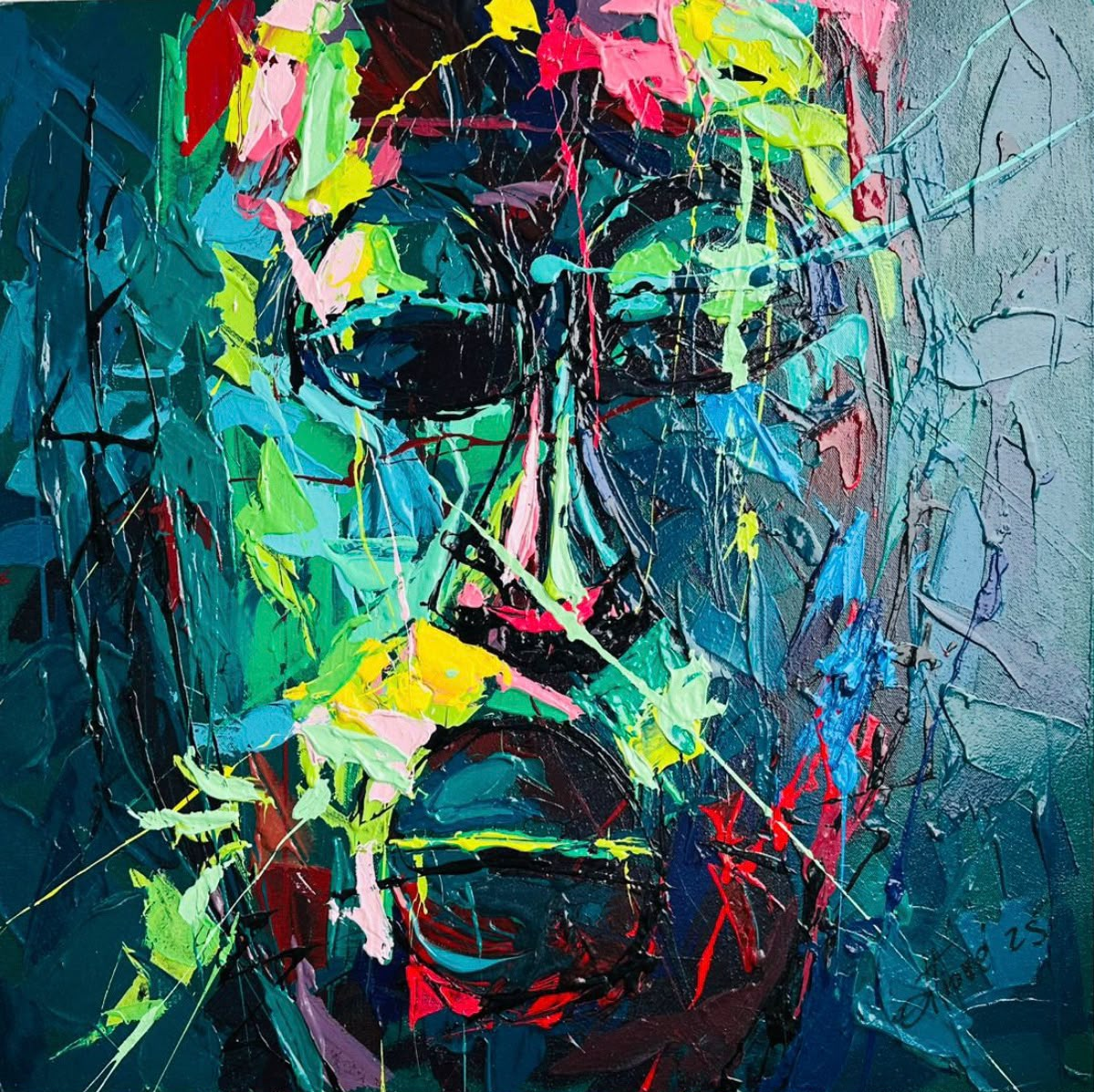 Méditations, visage vert et turquoise par Jean-Marc OttiOné