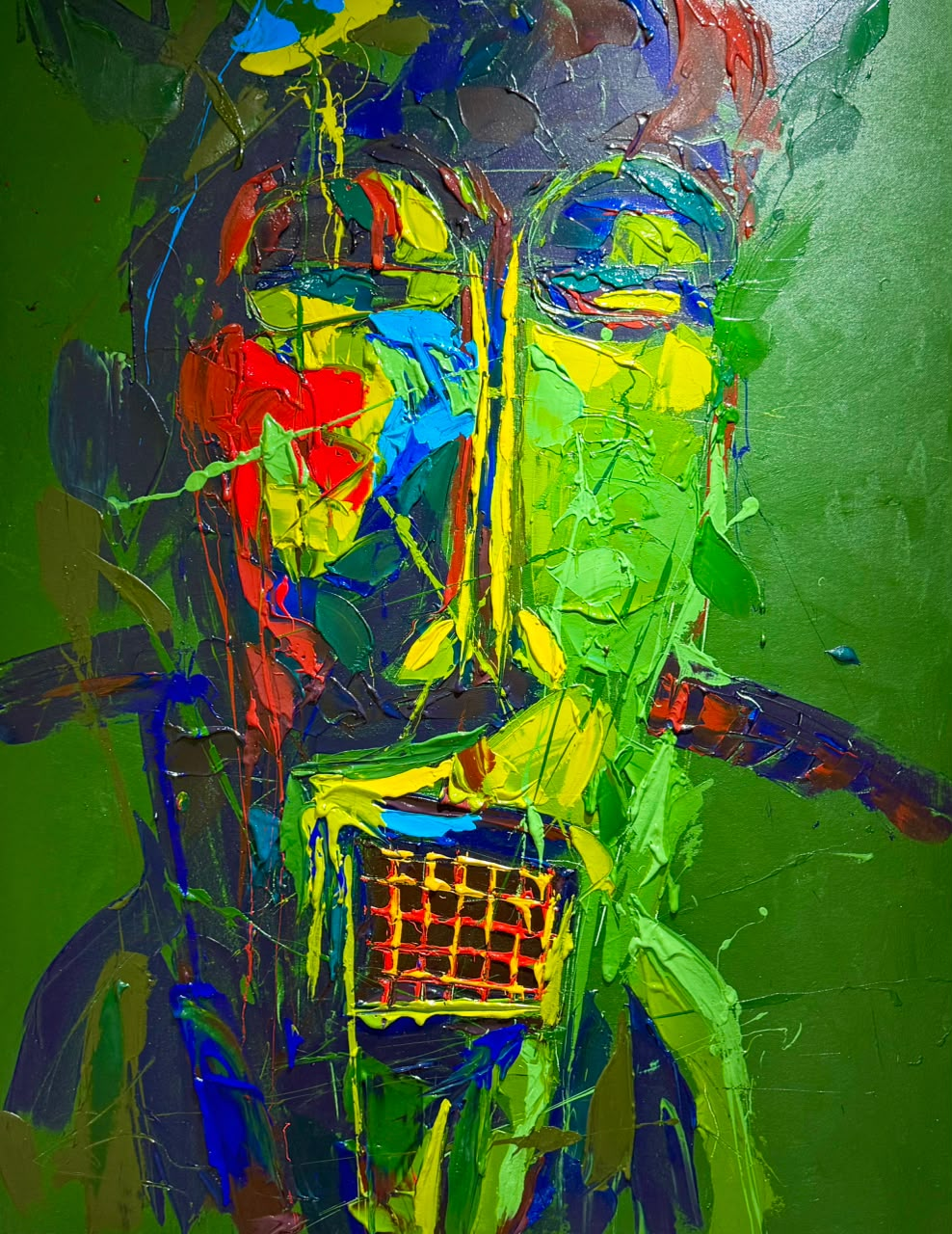 Portrait vert à la matière épaisse par Jean-Marc OttiOné