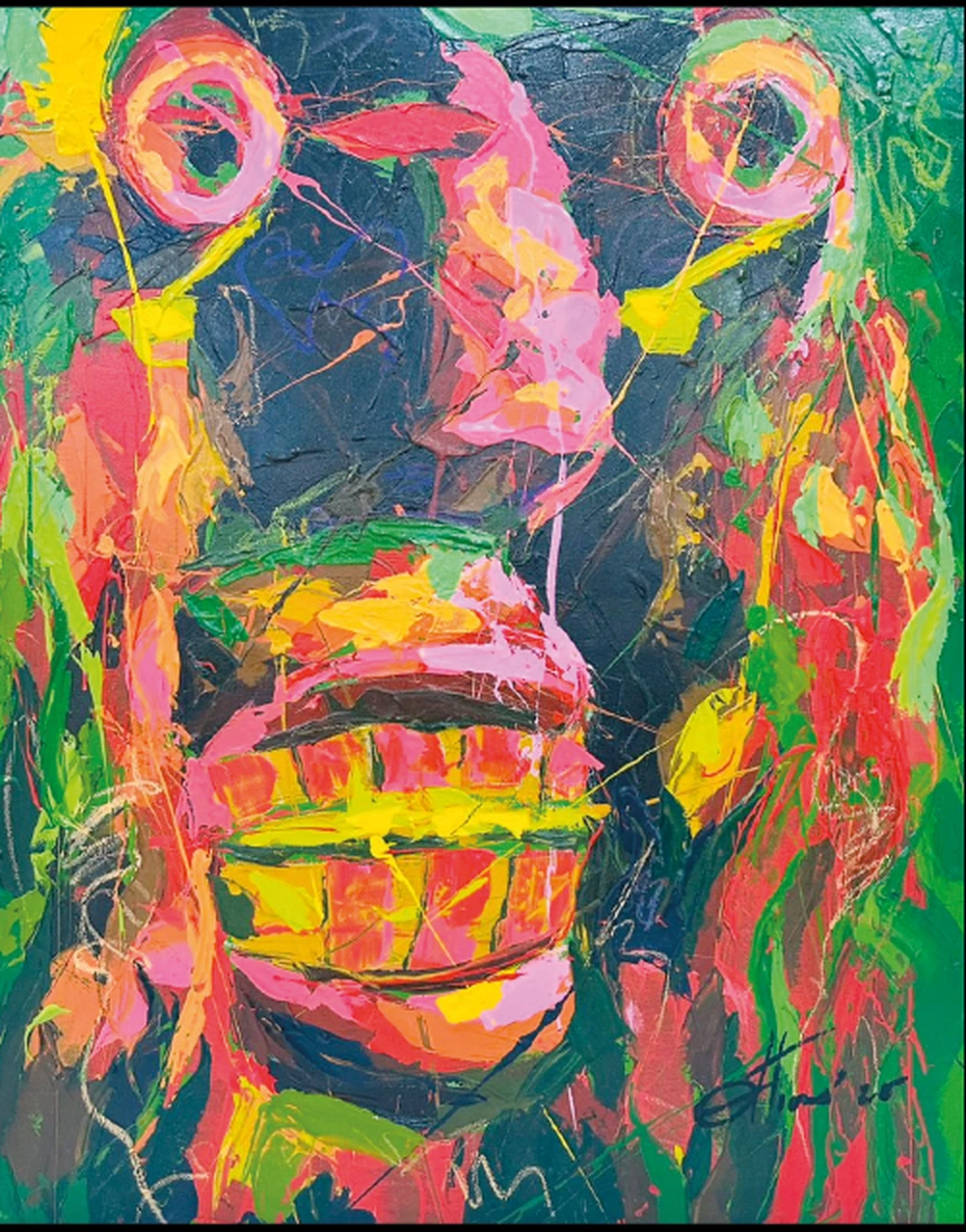 Réveil, masque rose vert et jaune