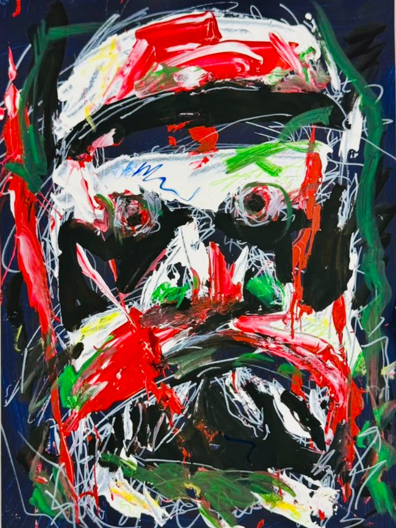 Sagesse, visage rouge vert noir et blanc sur papier