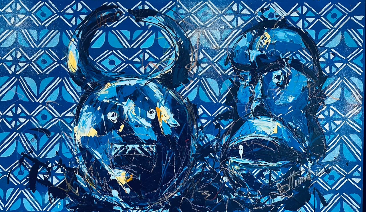Sagesse, œuvre bleue de Jean-Marc OttiOné représentant deux masques