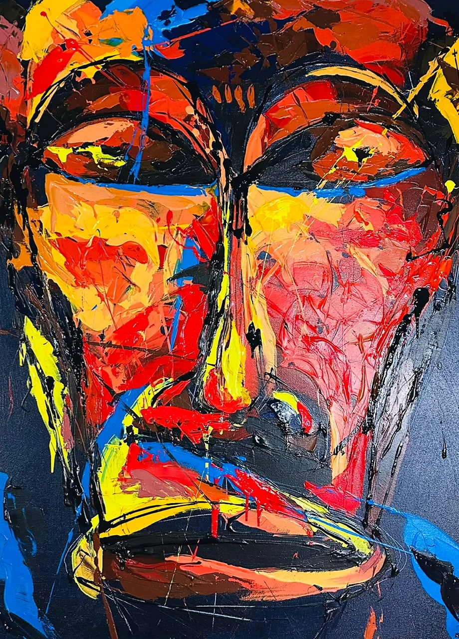 6ème sens, visage orange et rouge peint par Jean-Marc OttiOné