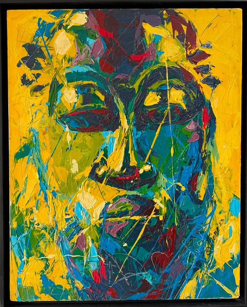 Succès, visage jaune et bleu